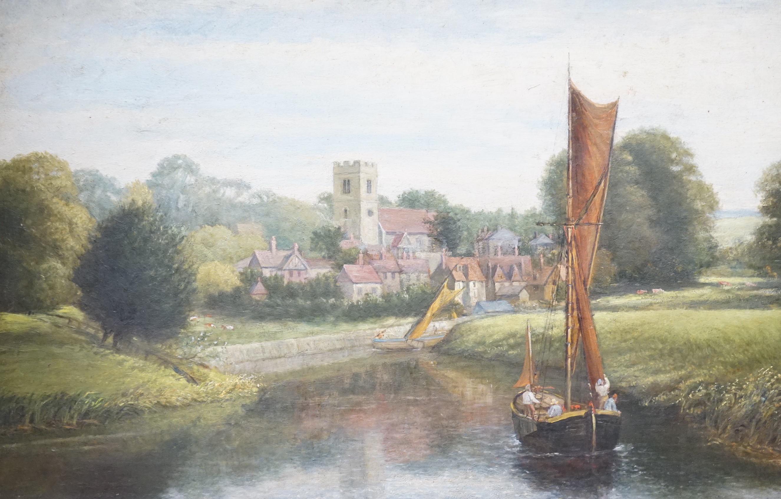 L. Walters, oil on canvas, The Medway at Aylesford, unsigned, applied plaque to the frame, 49 x 74cm